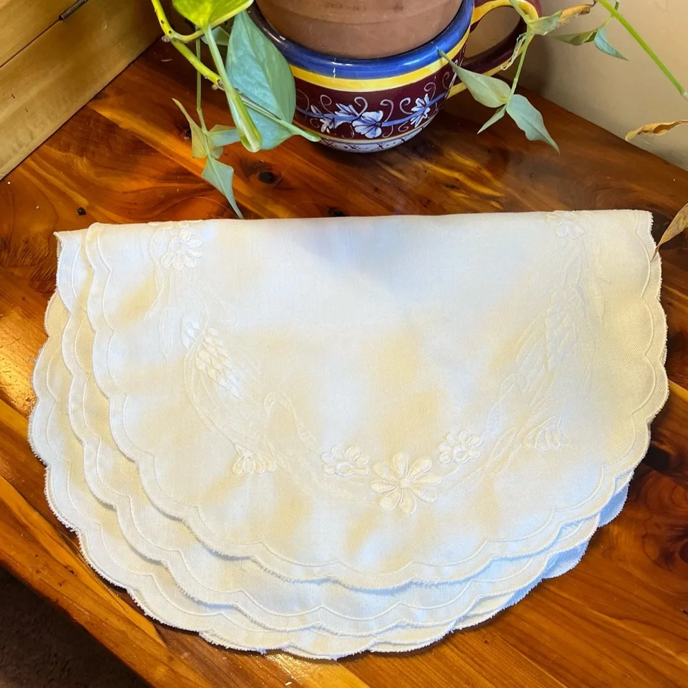 White Linen Oval Placemats Set of 4  Shaped White Floral Embroidery Grandma core